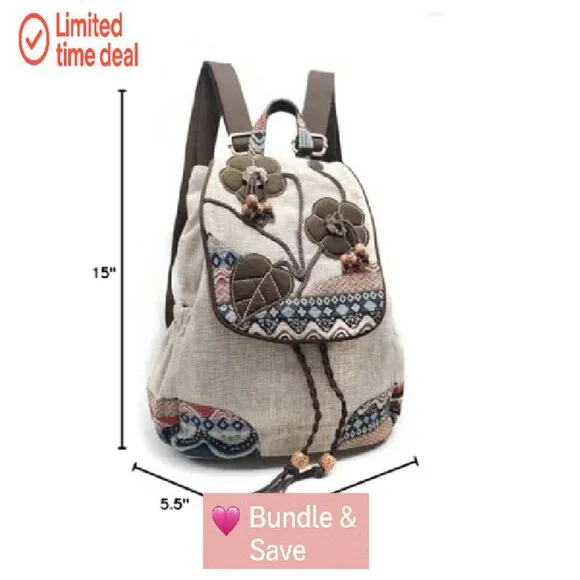 Vintage Boho Drawstring Backpack Purse, 9 Pockets, Adjustable Strap,